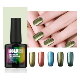 Rosalind phantom chameleon gel polish in a sleek black bottle with a glossy finish, featuring shimmering green and gold metallic shades that transition from opaque to transparent.