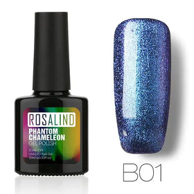 A shimmering blue and purple chameleon-effect gel nail polish in a sleek black bottle, featuring the rosalind phantom chameleon brand.