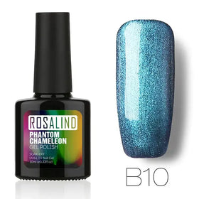 A sleek black bottle of rosalind phantom chameleon gel polish, model b10, showcasing a mesmerizing iridescent blue shimmer that shifts from deep teal to bright cyan under light.