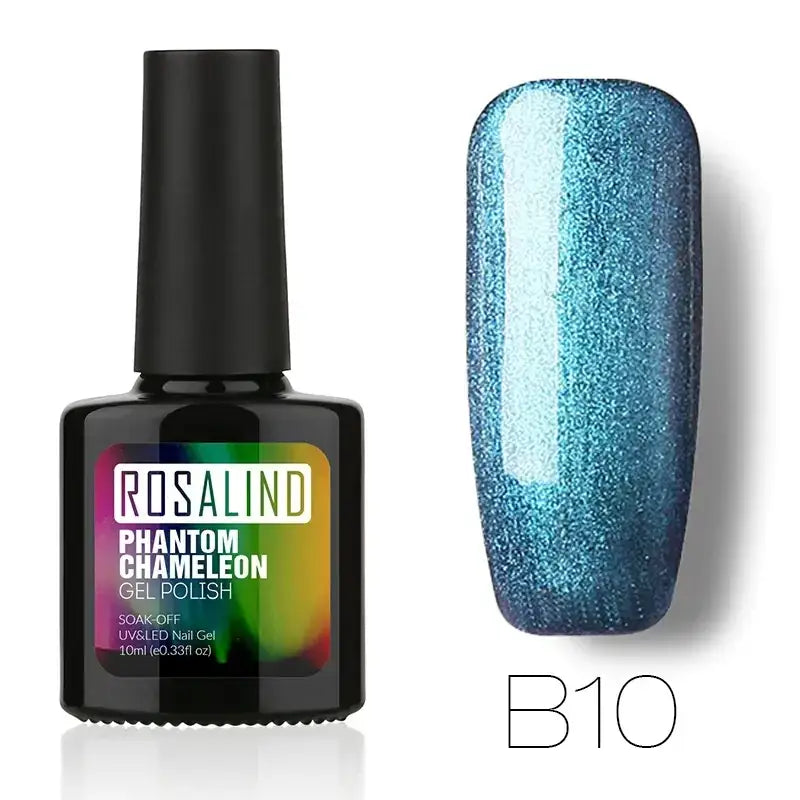 A sleek black bottle of rosalind phantom chameleon gel polish, model b10, showcasing a mesmerizing iridescent blue shimmer that shifts from deep teal to bright cyan under light.