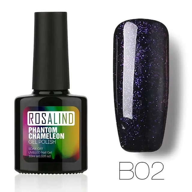 Black bottle of rosalind phantom chameleon gel polish, shade b02.