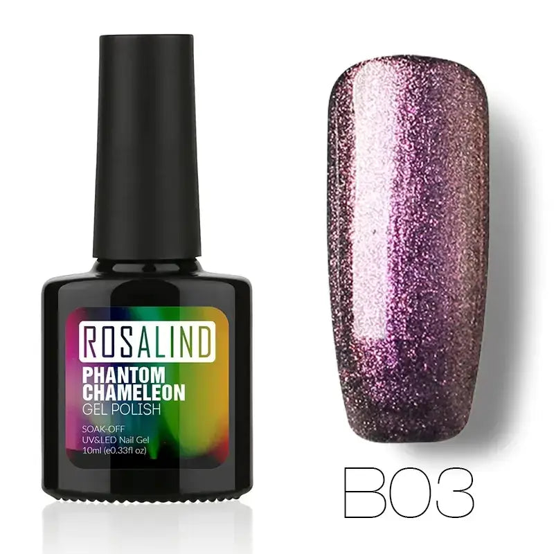 Rosalind phantom chameleon gel polish in shade b03, a shimmering purple metallic nail polish with glittery texture.