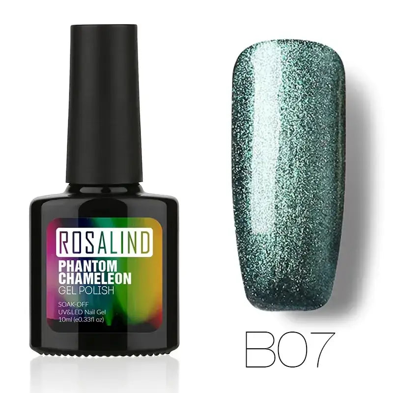 A sleek black bottle of rosalind phantom chameleon gel polish, featuring a vibrant rainbow label and showcasing its shimmering teal-green nail finish.