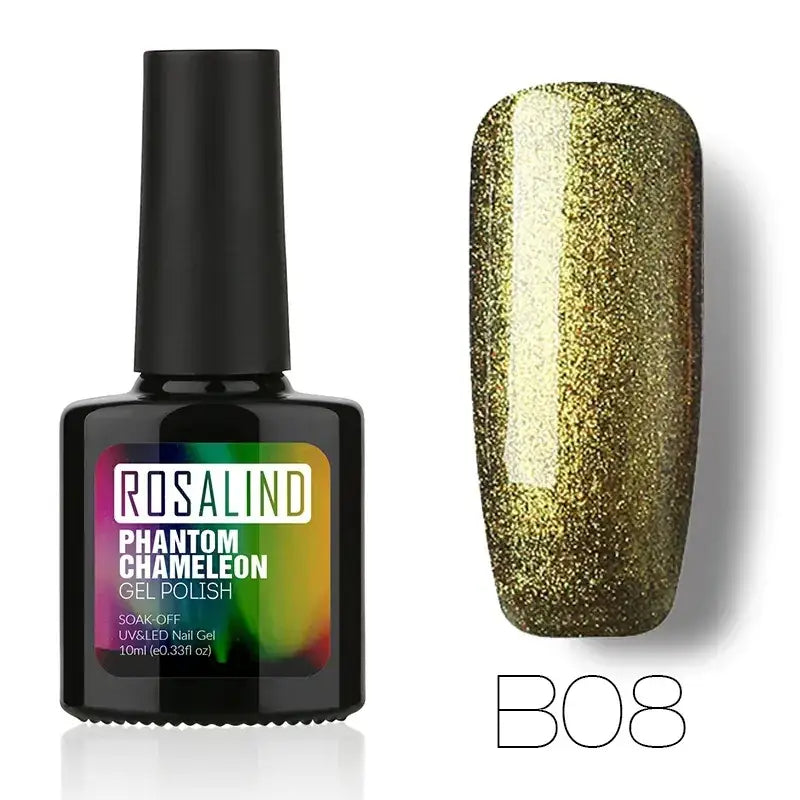 Rosalind phantom chameleon gel polish in shade b08, a shimmering gold glitter nail polish with a black bottle and cap.