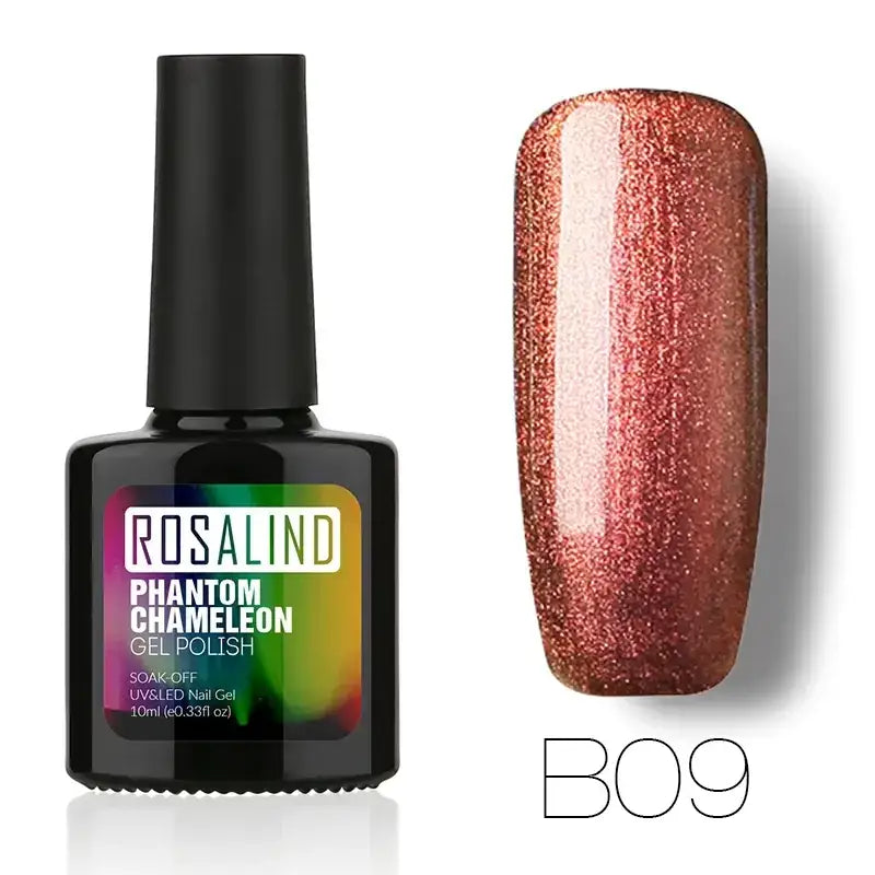 Rosalind phantom chameleon gel polish in shade b09, a shimmering coppery-brown nail polish with fine glitter particles.