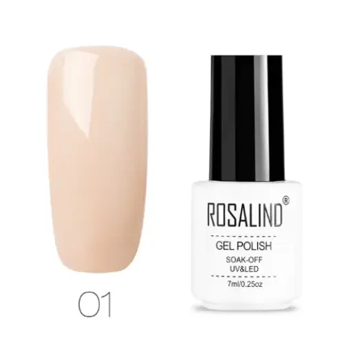 Beige gel polish in a white bottle with black cap, labeled ’rosalind gel polish soak-off uv&led’.