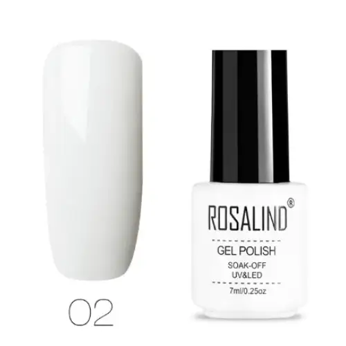 White gel polish in a sleek white bottle with black cap, labeled ’rosalind gel polish’ and shade number 02.