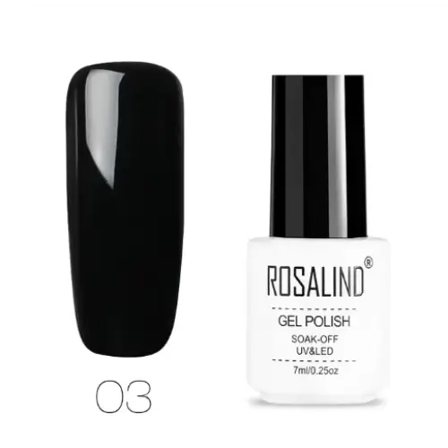 Black glossy gel polish in a white bottle with black cap, labeled ’rosalind gel polish’ and marked as shade 03.