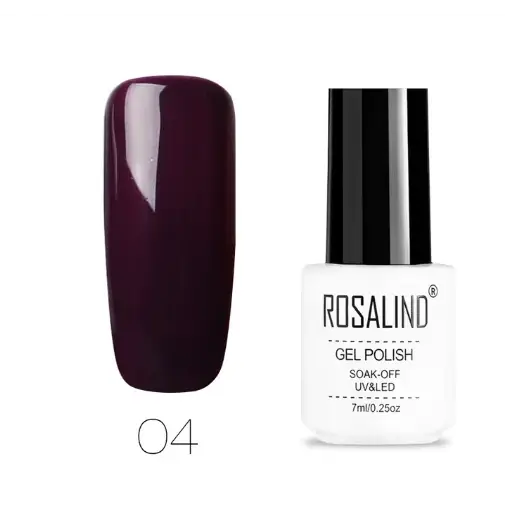 Deep burgundy gel polish in a sleek white bottle with black cap, labeled ’rosalind gel polish’ and marked as shade 04.