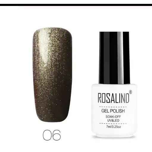 Rosalind gel polish in shade 06, a shimmering metallic brown with fine glitter particles.