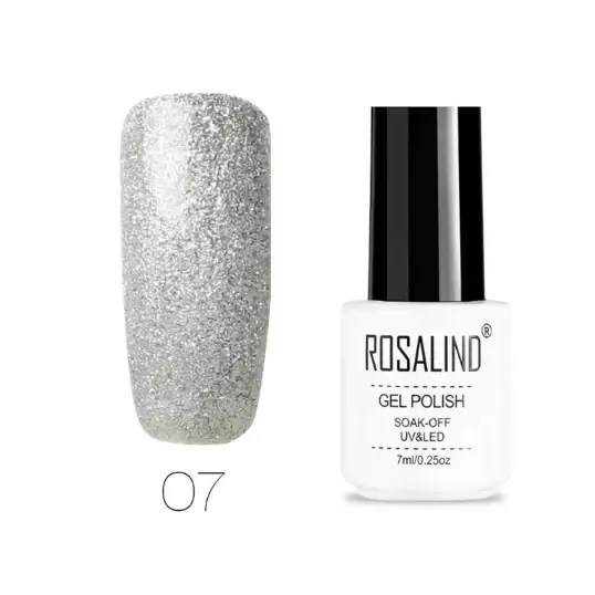 Silver glitter gel polish in a white bottle with black cap, labeled ’rosalind’ and shade number 07.
