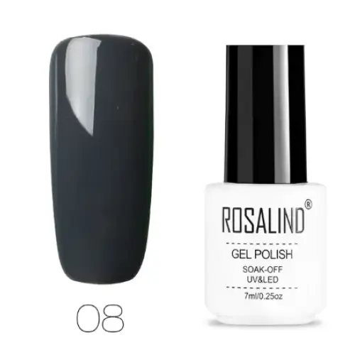 Black glossy gel polish in a white bottle with black cap, labeled ’rosalind gel polish’ and shade number 08.