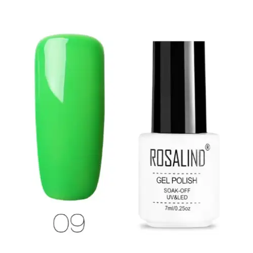 Bright green gel polish in a white bottle with black cap, labeled ’rosalind gel polish’ and marked as shade 09.