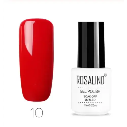 A vibrant red gel polish in a sleek white bottle with black cap, labeled ’rosalind gel polish’ and marked as shade 10.