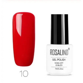 A vibrant red gel polish in a sleek white bottle with black cap, labeled ’rosalind gel polish’ and marked as shade 10.