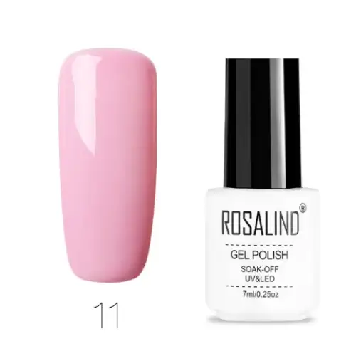 A soft pink, glossy gel polish in a sleek white bottle with black cap.