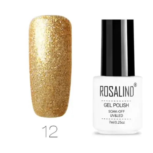Golden glittery nail polish in a white bottle with black cap, labeled ’rosalind gel polish’.