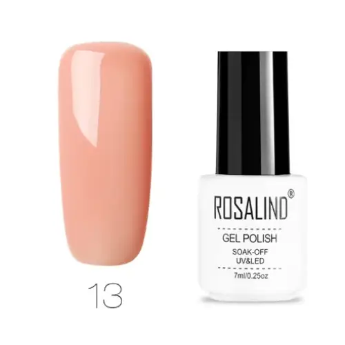 A sleek white bottle with a black cap, labeled ’rosalind gel polish,’ holds 7ml of soak-off uv/led gel nail polish in shade #13.