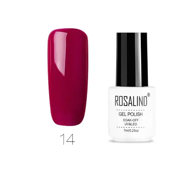 A vibrant fuchsia gel polish in a sleek white bottle with black cap, labeled ’rosalind gel polish’ and marked as shade 14.