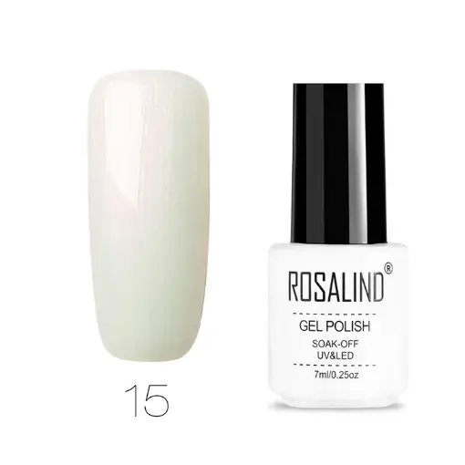 A sleek white bottle of rosalind gel polish with a black cap, labeled as shade 15.