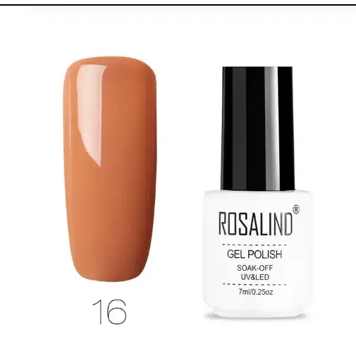 A sleek white bottle with a black cap, labeled ’rosalind gel polish,’ showcasing the shade 16 in a glossy terracotta finish.