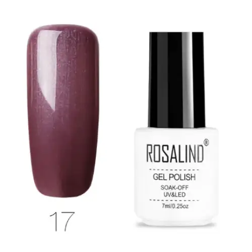 A sleek white bottle of rosalind gel polish with a black cap, labeled as soak-off uv/led, showcasing its deep plum shade in the accompanying nail swatch.