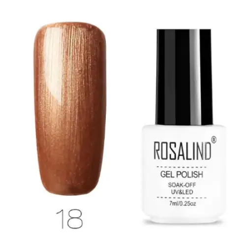 A sleek white bottle with a black cap, labeled ’rosalind gel polish,’ contains 7ml of soak-off uv/led gel polish in shade number 18.
