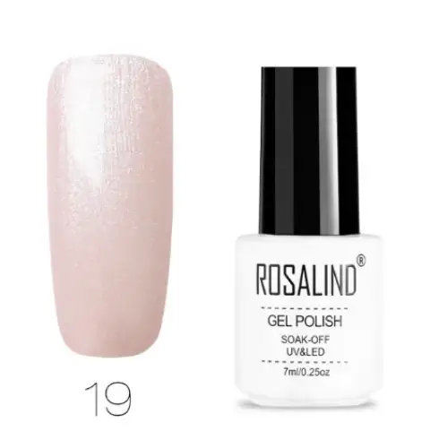 A sleek white bottle of rosalind gel polish with a black cap, labeled as uv/led soak-off and containing 7ml.