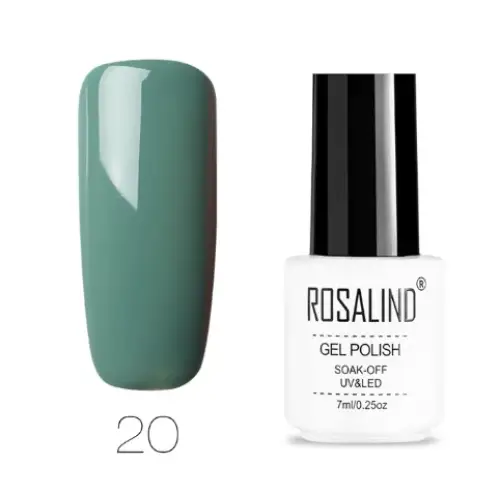 A sleek white bottle with a black cap, labeled ’rosalind gel polish,’ contains 7ml of soak-off uv&led gel polish in shade #20.