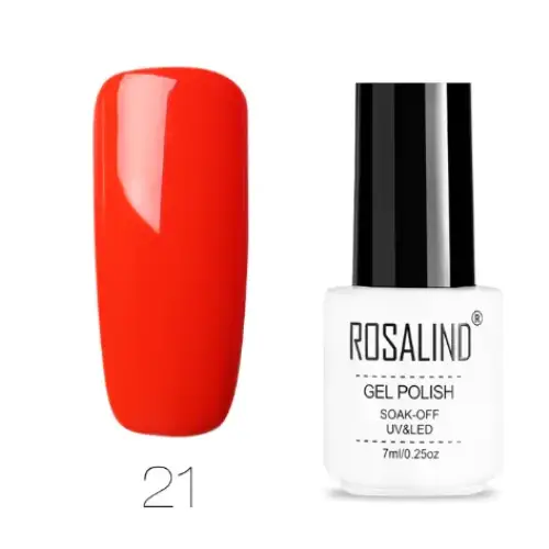 Vibrant red gel polish in a sleek white and black bottle, labeled ’rosalind gel polish’ with uv/led soak-off formula.