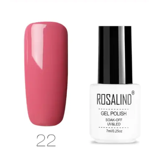 Rosalind brand gel polish in a sleek white bottle with black cap, shade 22 is a glossy pink hue.