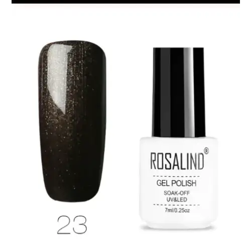 Black glitter gel polish in a white bottle with black cap, labeled ’rosalind gel polish’ and shade number 23.