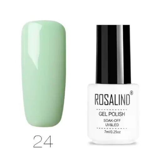 A sleek white bottle with a black cap, labeled ’rosalind gel polish,’ contains 7ml of soaker-off uv/led gel polish in shade #24.