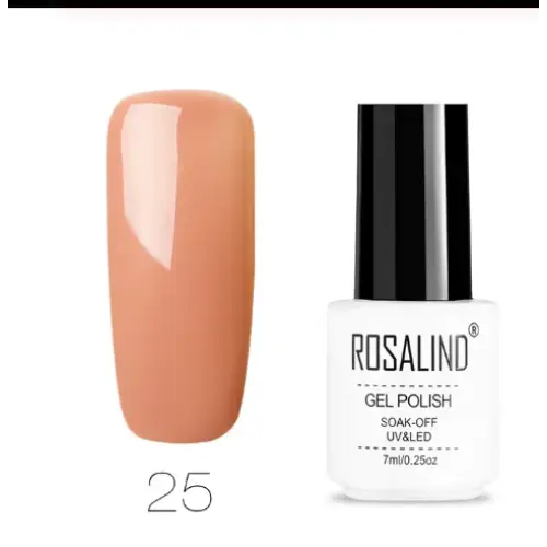 A sleek white bottle with a black cap, labeled ’rosalind gel polish,’ displays the shade number 25 in a soft peachy nude finish.