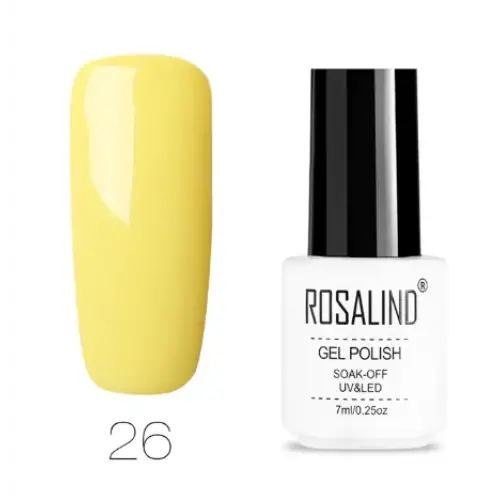 A vibrant yellow gel polish in a sleek white and black bottle, labeled ’rosalind gel polish’ with shade number 26.