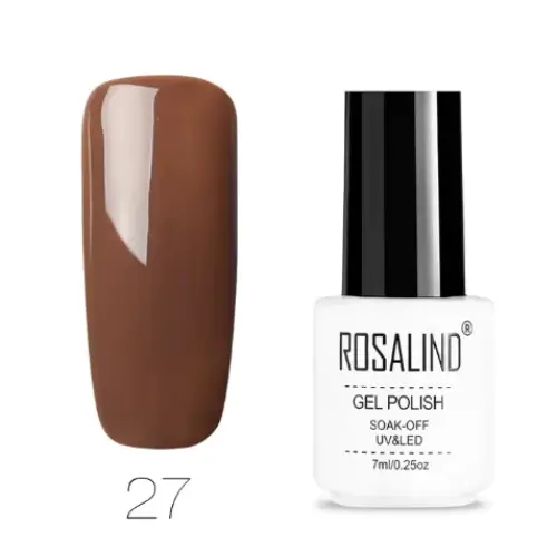 Rosalind brand gel polish in a sleek white bottle with black cap, shade 27 is a rich chocolate brown.