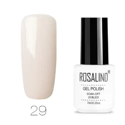 A sleek white bottle of rosalind gel polish with a black cap, labeled as shade 29 in a soft nude color.
