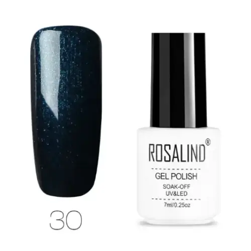 Dark blue shimmer gel polish in a white bottle with black cap, labeled ’rosalind gel polish’ and shade number 30.