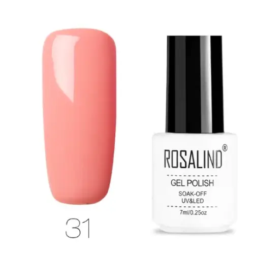 A soft coral-colored gel polish in a sleek white bottle with a black cap, labeled ’rosalind gel polish’ and marked as shade 31.