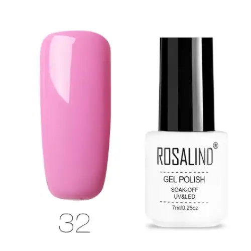 Pink glossy gel polish in a white bottle with black cap, labeled ’rosalind gel polish’ and shade number 32.