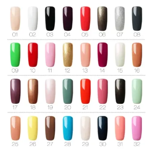 A collection of 32 nail polish shades in a grid, featuring solid colors like black and red alongside metallics such as gold glitter and silver shimmer.