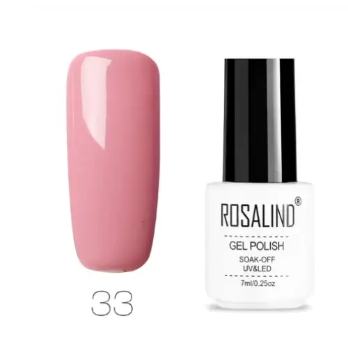 A sleek white bottle with a black cap, labeled ’rosalind gel polish,’ holds 7ml of soft pink soak-off uv&led nail polish.