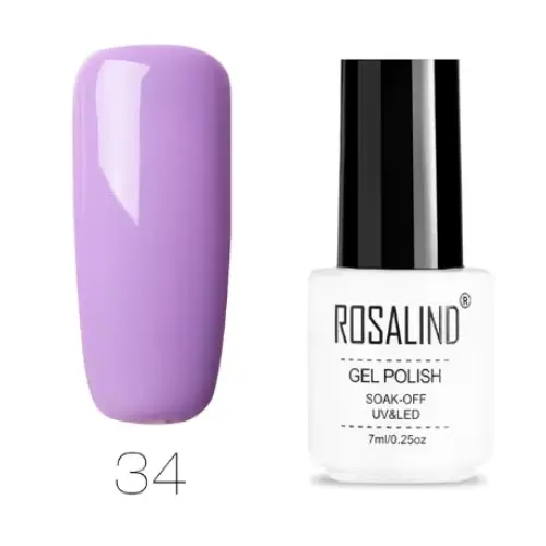 Lavender-colored gel polish in a white bottle with black cap, labeled ’rosalind gel polish’ and shade number 34.