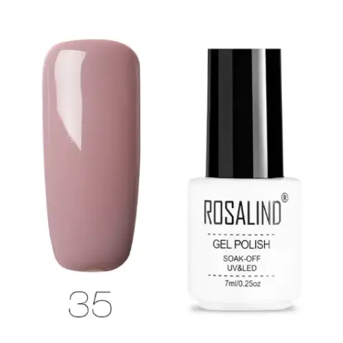 Rosalind gel polish in shade 35, a soft mauve-pink glossy finish.