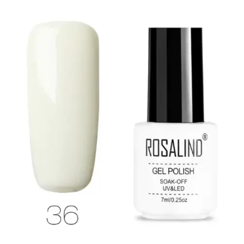 A creamy white, glossy gel polish in a sleek white bottle with black cap and label.