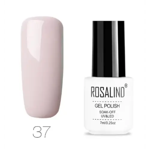 A sleek white bottle with a black cap, labeled ’rosalind gel polish,’ holds 7ml of sheer nude gel polish in shade #37.