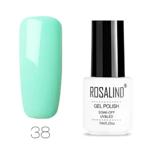 Mint green gel polish in a white bottle with black cap, labeled ’rosalind gel polish’ and marked as shade 38.