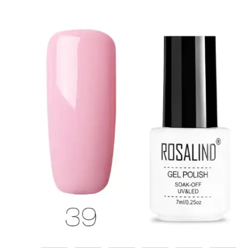 A soft pink gel polish in a sleek white bottle with black cap, labeled ’rosalind gel polish’ and marked as shade 39.