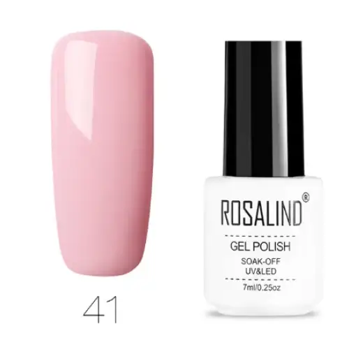 Pink gel polish in a white bottle with black cap, labeled ’rosalind gel polish’ and shade number 41.