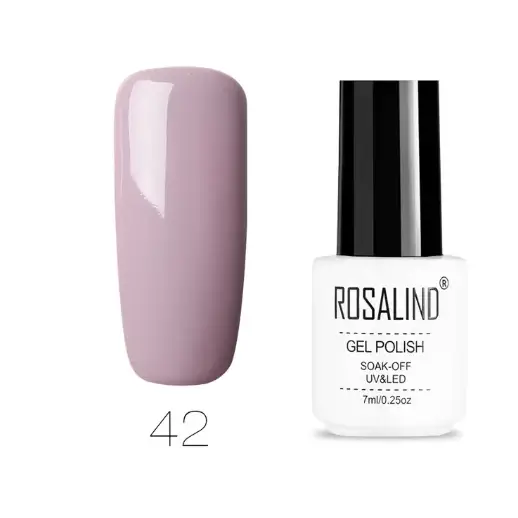 A sleek white bottle of rosalind gel polish with a black cap, labeled as shade 42 in a soft mauve color.